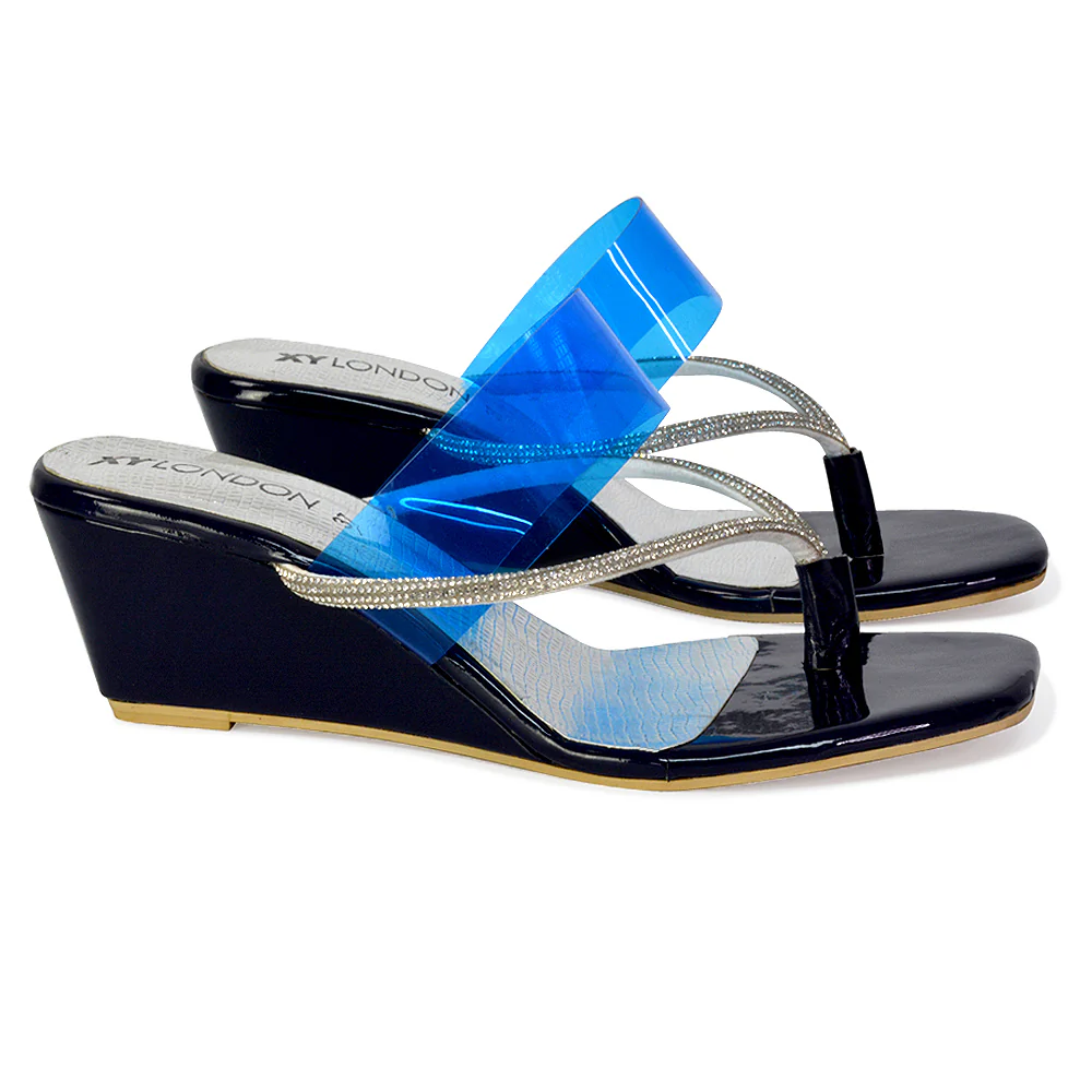Mirabel Square Toe Post Perspex Wedge Heel Diamante Sandals in Gold - Image 51