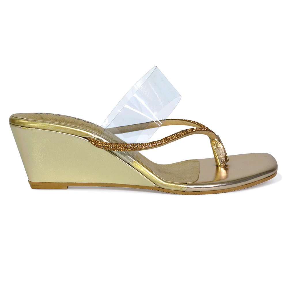 Mirabel Square Toe Post Perspex Wedge Heel Diamante Sandals in Red - Image 118
