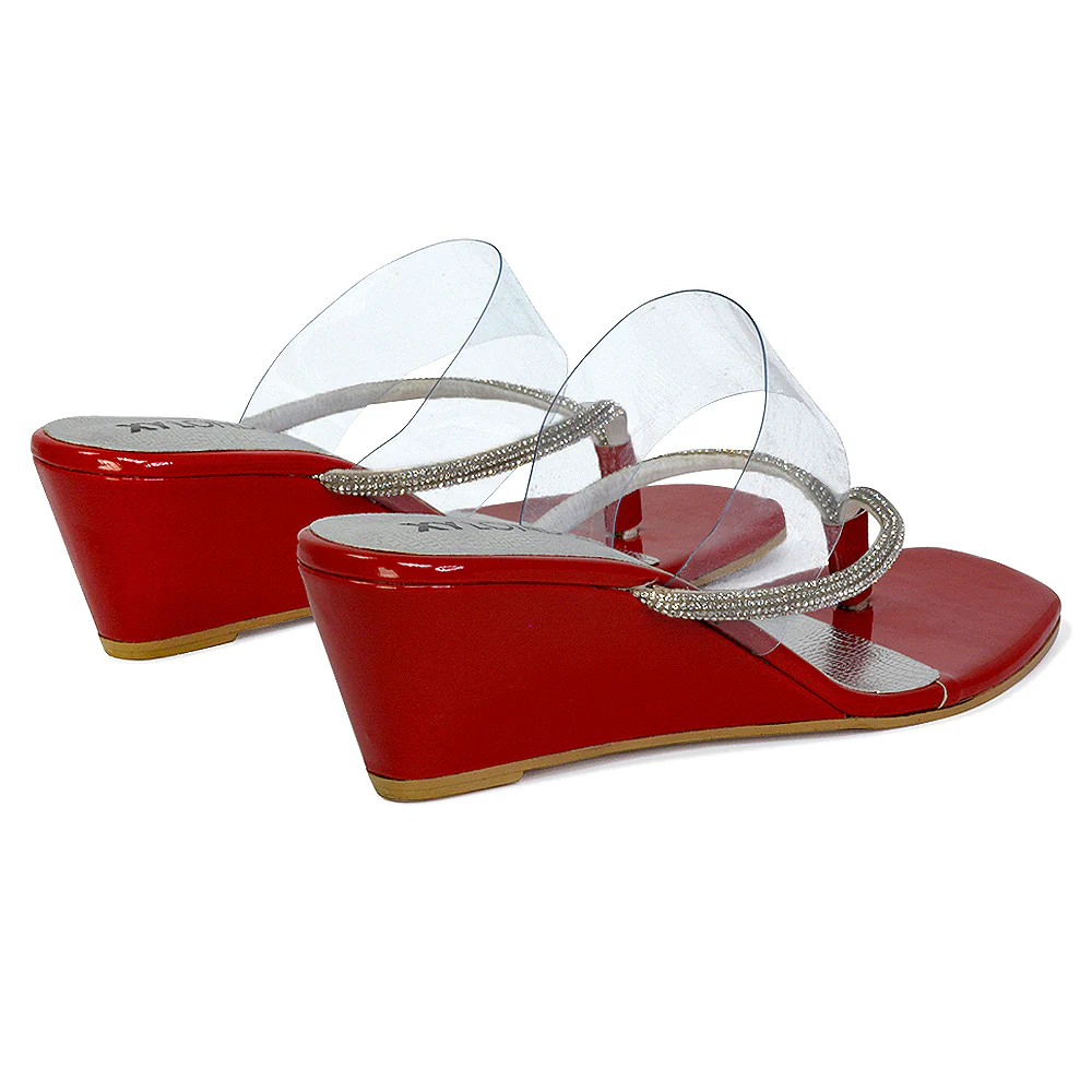 Mirabel Square Toe Post Perspex Wedge Heel Diamante Sandals in Red - Image 27