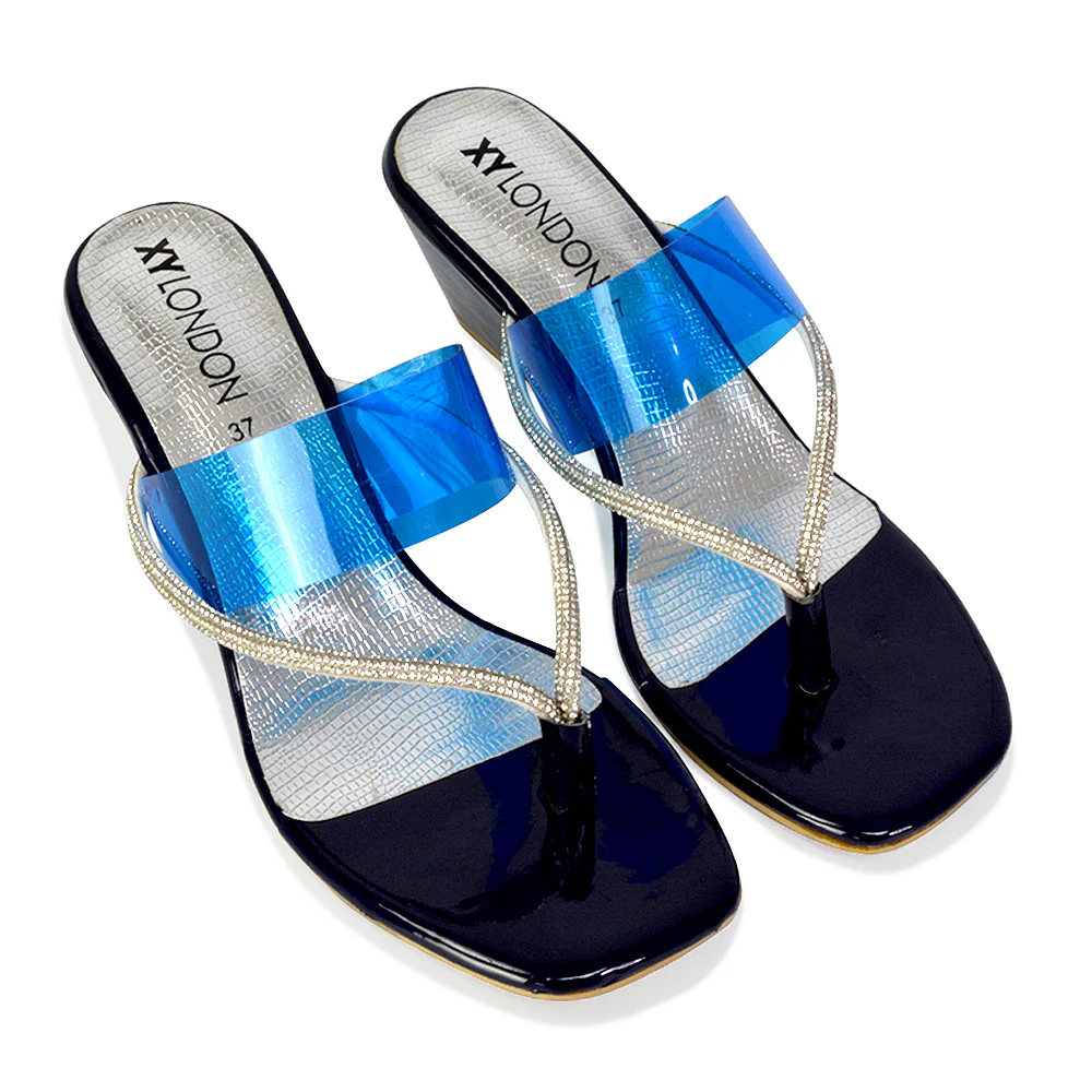 Mirabel Square Toe Post Perspex Wedge Heel Diamante Sandals in Red - Image 40