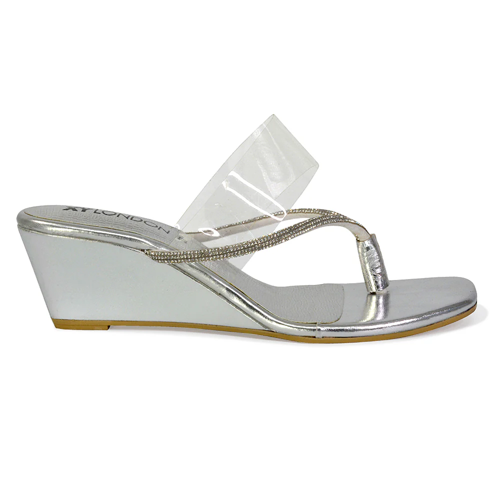 Mirabel Square Toe Post Perspex Wedge Heel Diamante Sandals in Red - Image 88