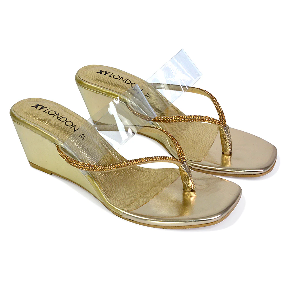 Mirabel Square Toe Post Perspex Wedge Heel Diamante Sandals in Silver - Image 119