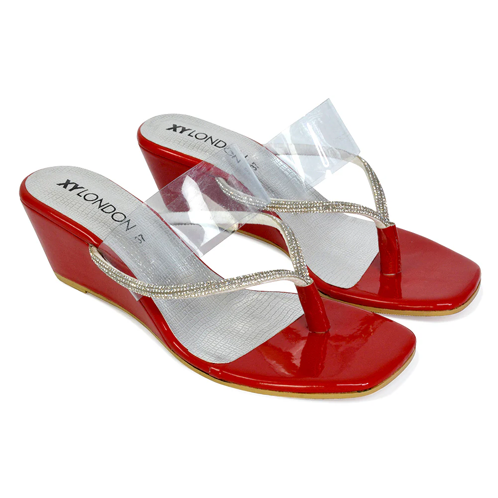 Mirabel Square Toe Post Perspex Wedge Heel Diamante Sandals in Silver - Image 14