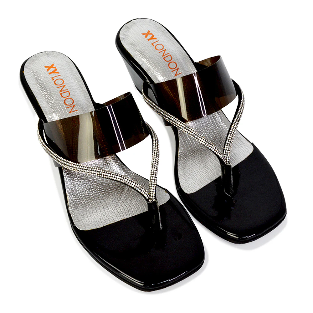 Mirabel Square Toe Post Perspex Wedge Heel Diamante Sandals in Silver - Image 155