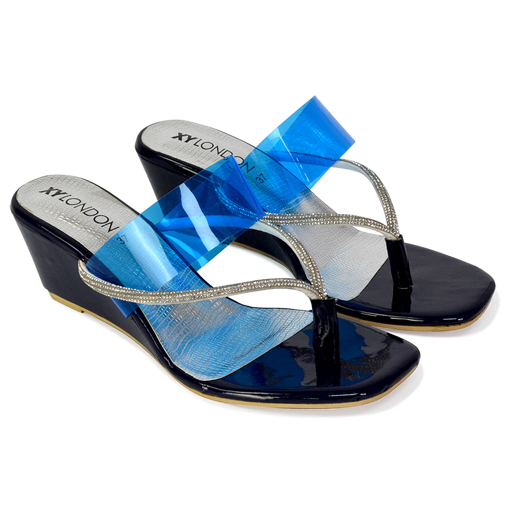 Mirabel Square Toe Post Perspex Wedge Heel Diamante Sandals in Silver - Image 39