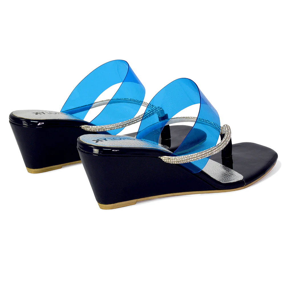 Mirabel Square Toe Post Perspex Wedge Heel Diamante Sandals in Silver - Image 42