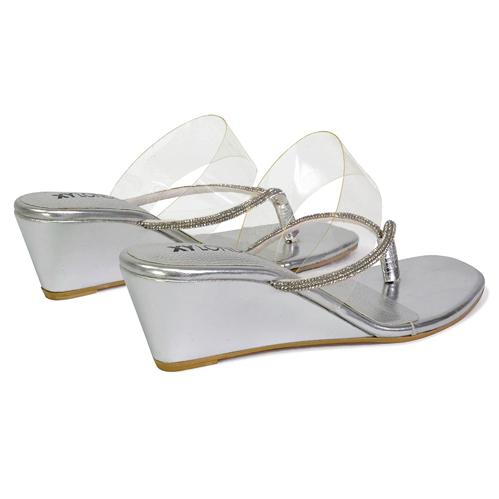 Mirabel Square Toe Post Perspex Wedge Heel Diamante Sandals in Silver - Image 72