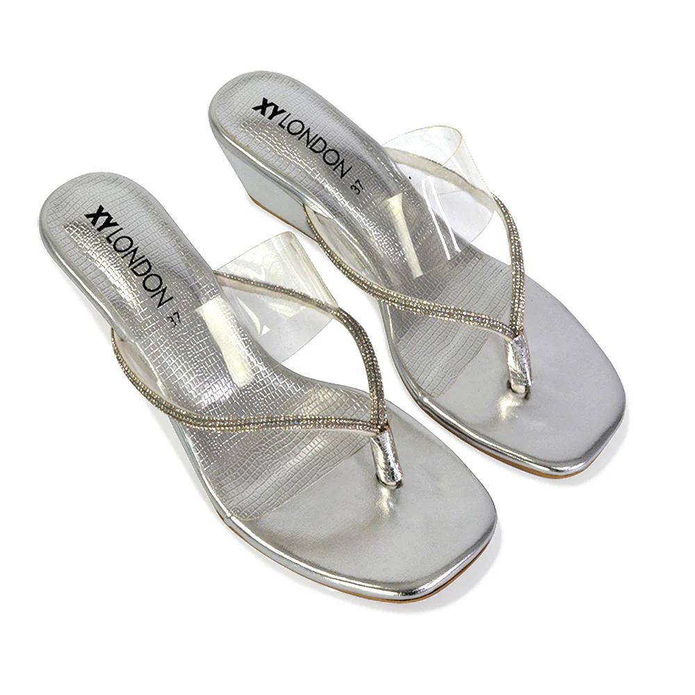 Mirabel Square Toe Post Perspex Wedge Heel Diamante Sandals in Silver - Image 95