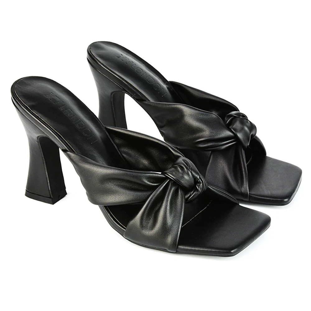Misty Knot Detail Strappy Square Toe Block High Heel Mules in Black Synthetic Leather - Image 11