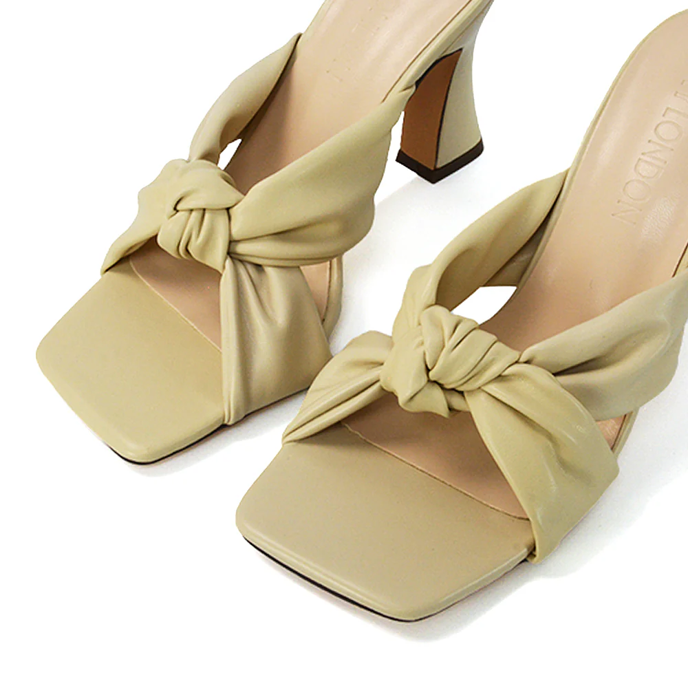 Misty Knot Detail Strappy Square Toe Block High Heel Mules in Black Synthetic Leather - Image 150
