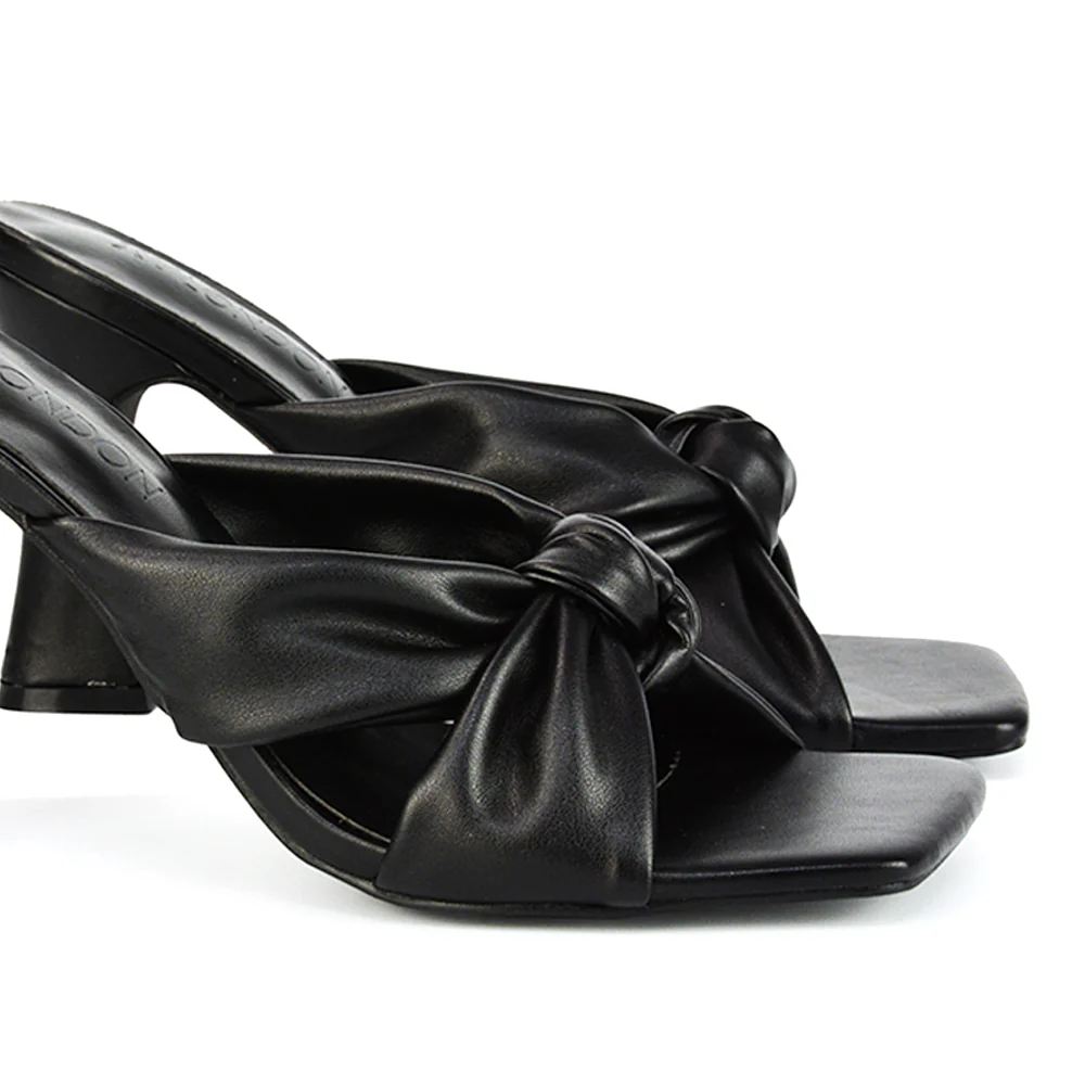 Misty Knot Detail Strappy Square Toe Block High Heel Mules in Black Synthetic Leather - Image 34