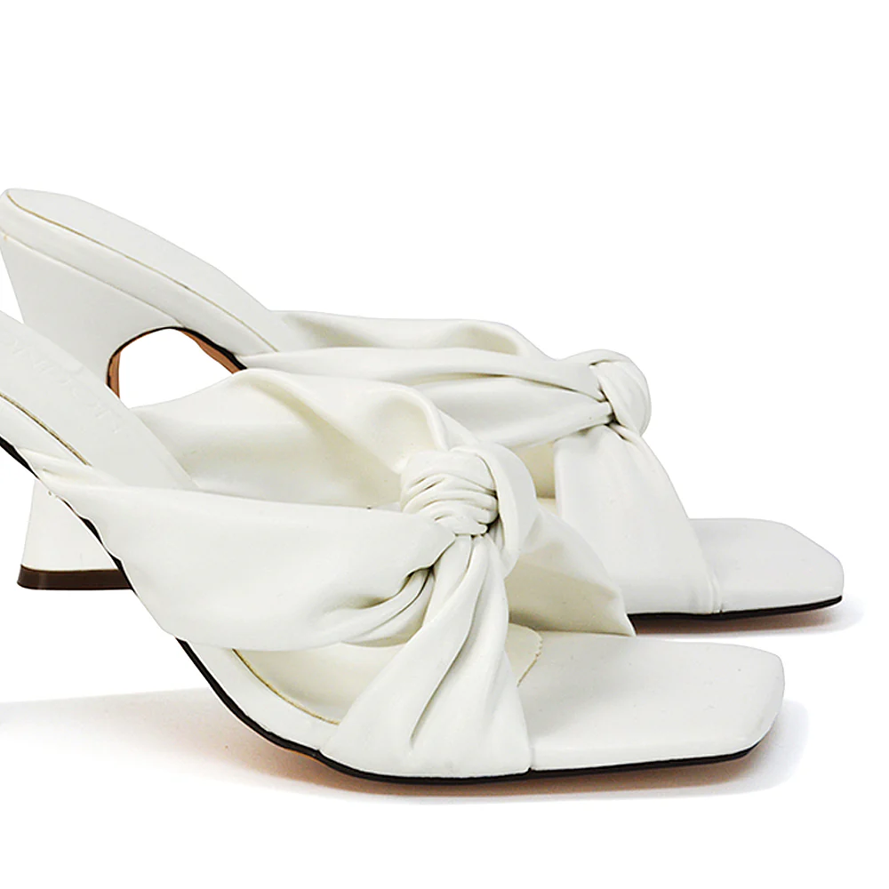 Misty Knot Detail Strappy Square Toe Block High Heel Mules in Black Synthetic Leather - Image 49