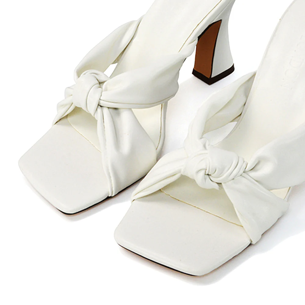 Misty Knot Detail Strappy Square Toe Block High Heel Mules in Black Synthetic Leather - Image 60