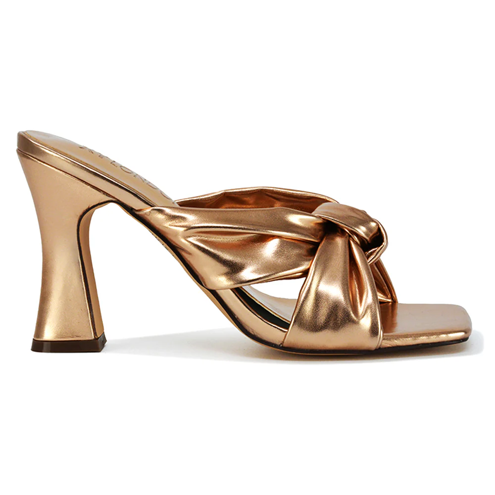 Misty Knot Detail Strappy Square Toe Block High Heel Mules in Orange Synthetic Leather - Image 113