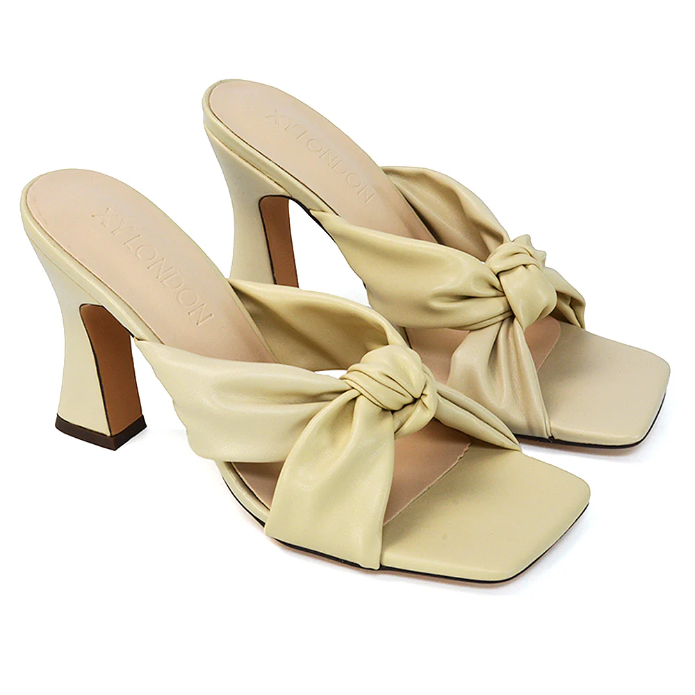 Misty Knot Detail Strappy Square Toe Block High Heel Mules in Orange Synthetic Leather - Image 146