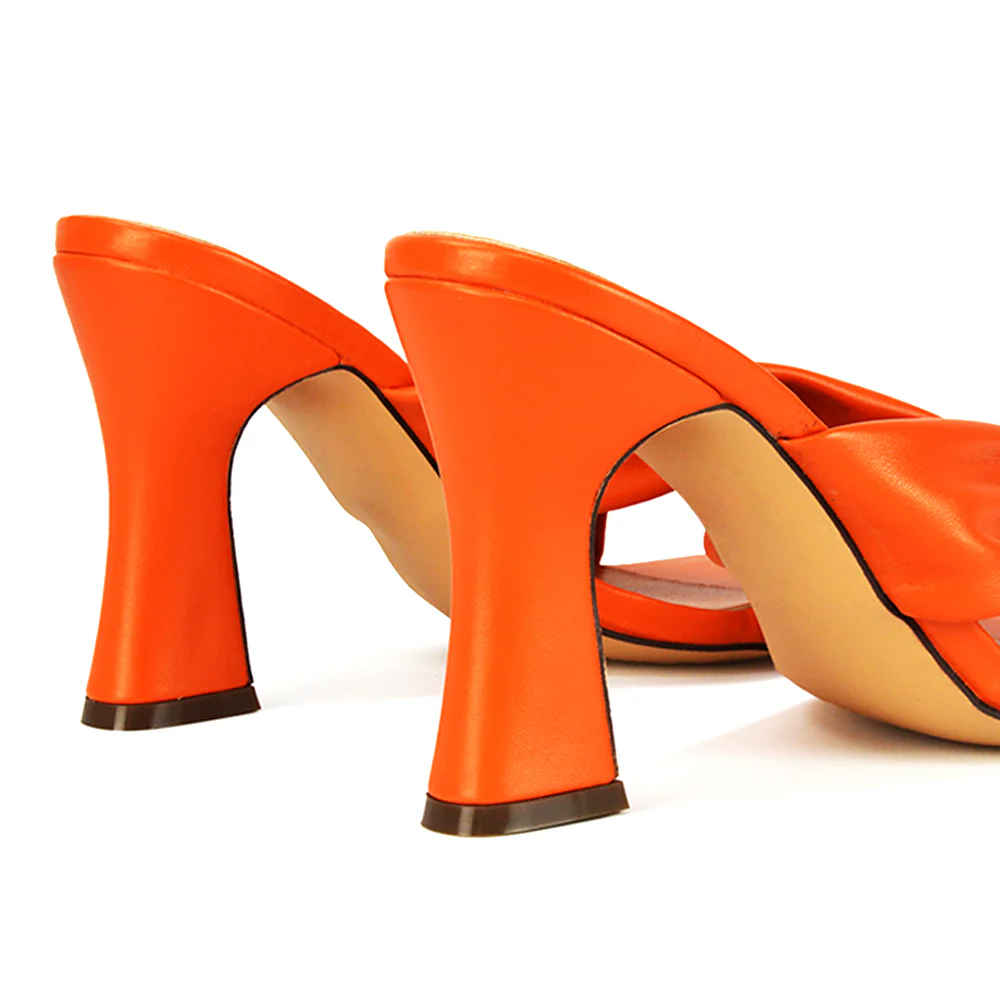 Misty Knot Detail Strappy Square Toe Block High Heel Mules in Orange Synthetic Leather - Image 2