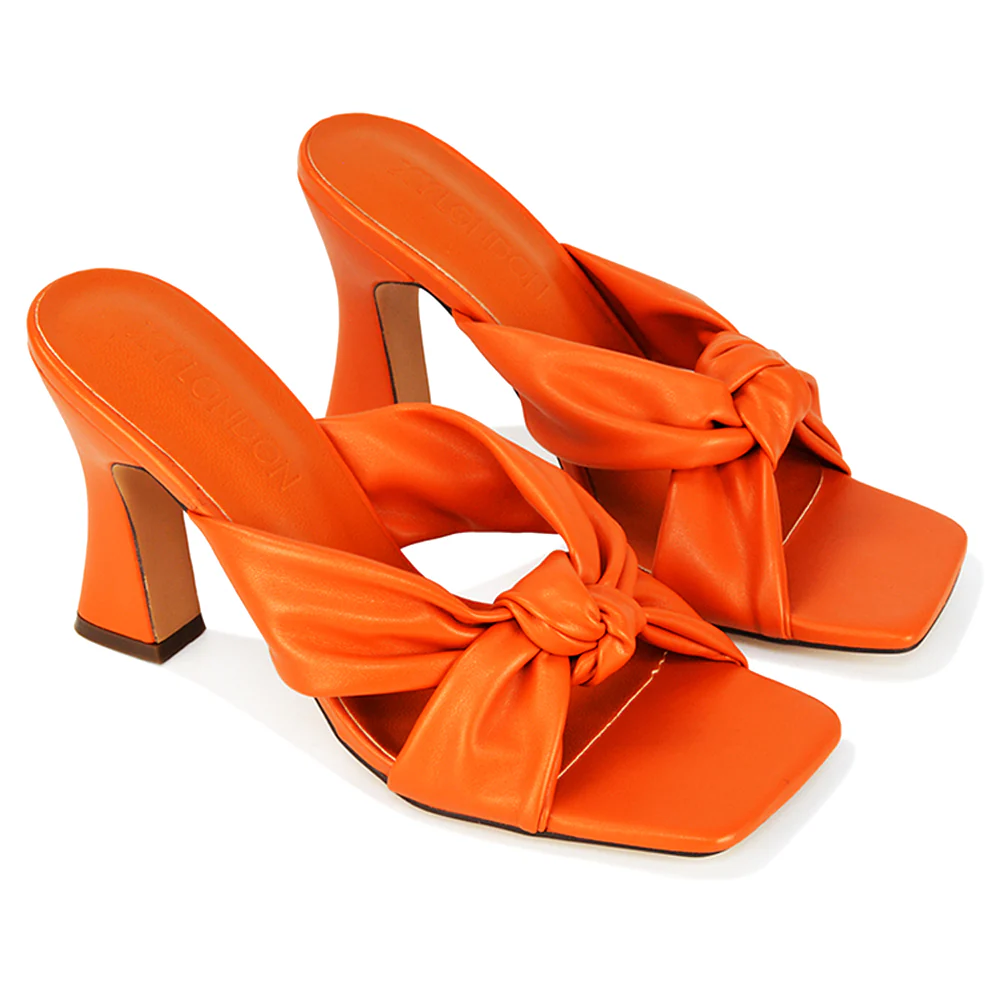 Misty Knot Detail Strappy Square Toe Block High Heel Mules in Orange Synthetic Leather - Image 86