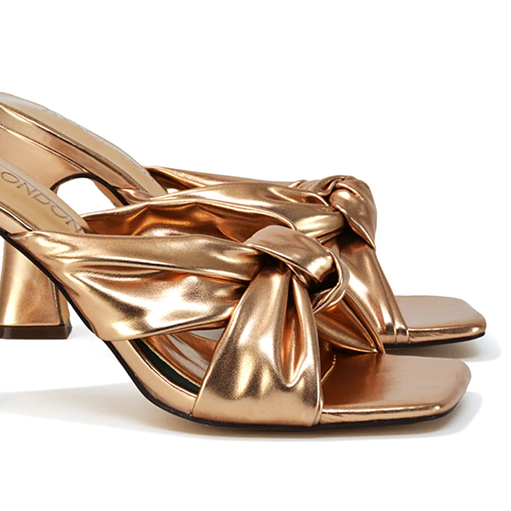 Misty Knot Detail Strappy Square Toe Block High Heel Mules in White Synthetic Leather - Image 114