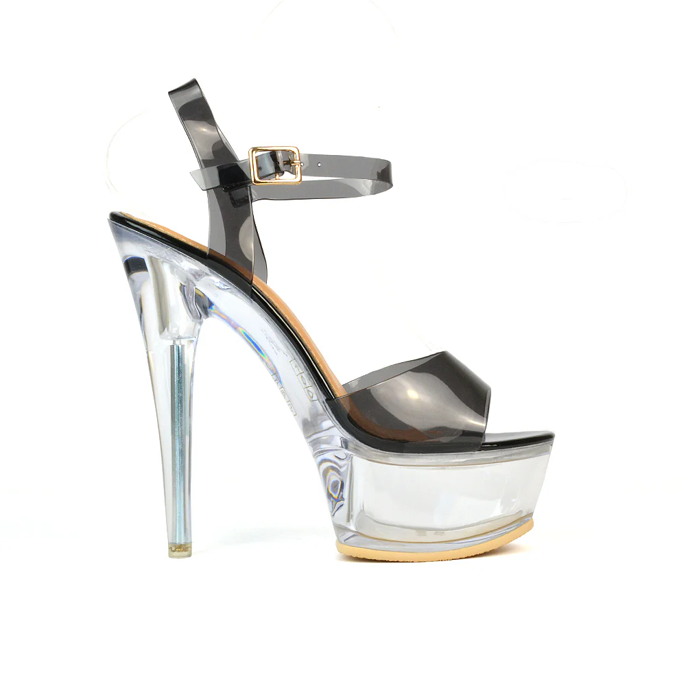 Mollie Perspex Ankle Strappy Stiletto Platform High Heels in Nude Patent - Image 59
