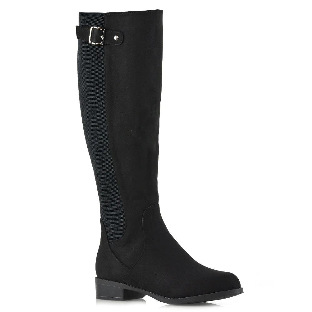 Molly Knee High Stretch Calf Flat Low Heel Zip Up Long Boots in Black Faux Suede - Image 4
