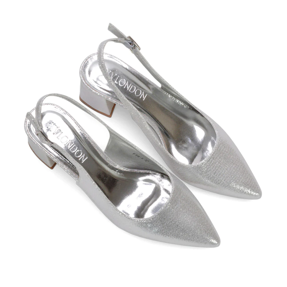 Monroe Slingback Mid Block Heel Pointed Toe Court Shoes in Black Shimmer - Image 31