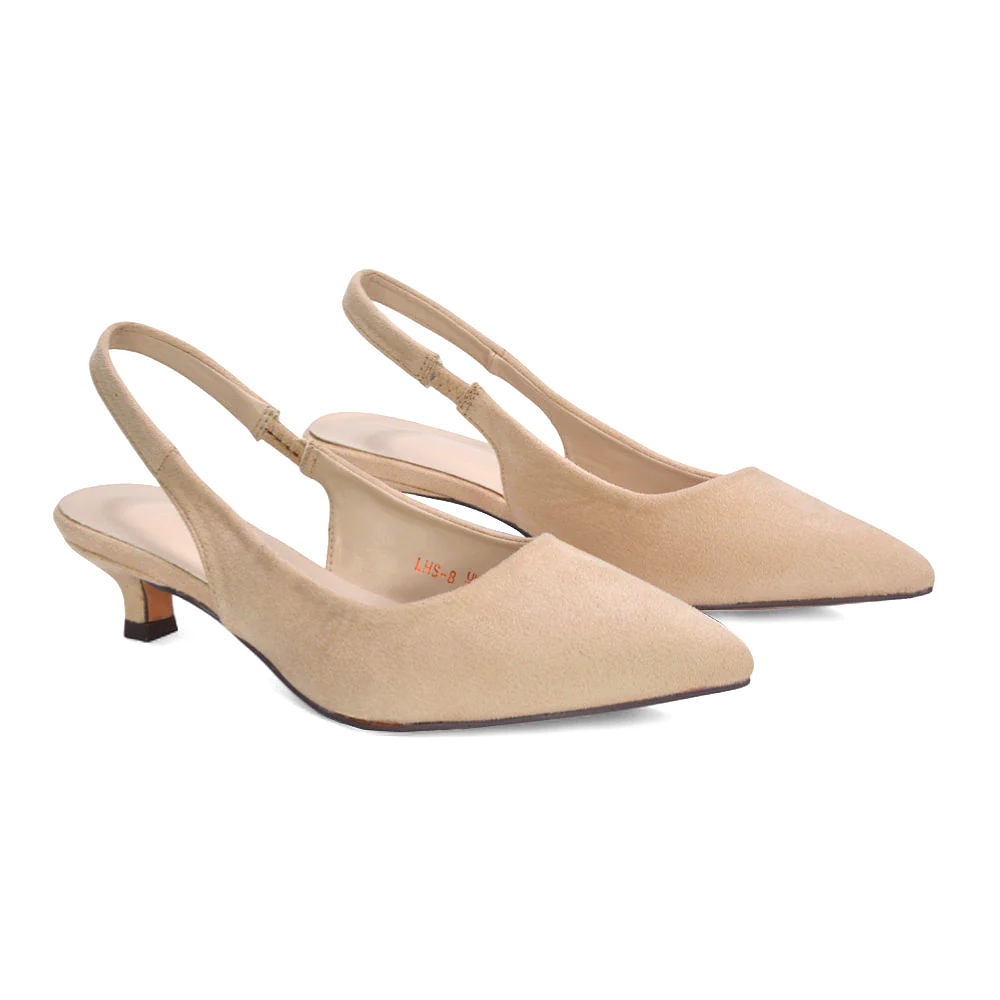Morgan Pointed Toe Slingback Kitten Heel Court Shoes in Nude Faux Suede