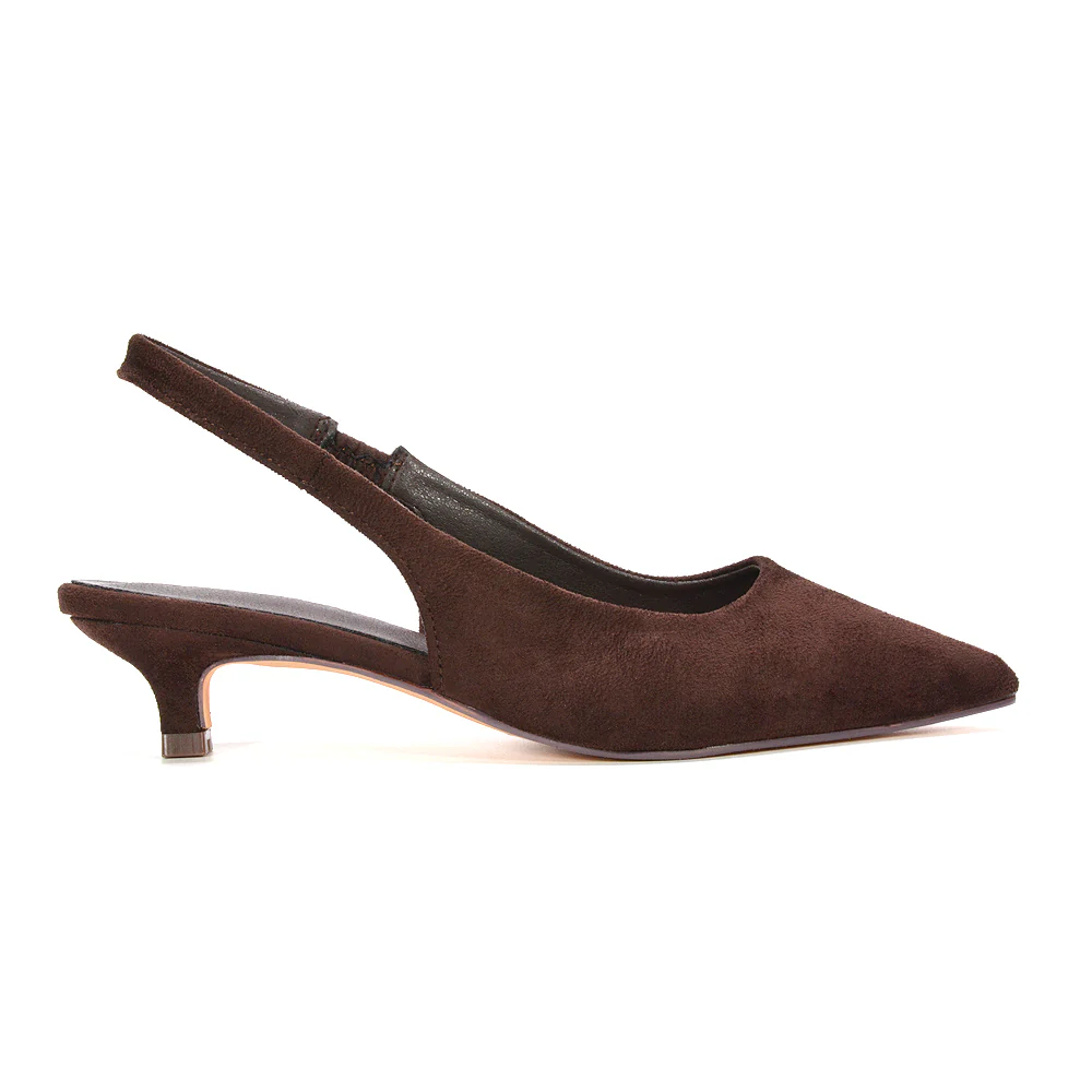 Morgan Pointed Toe Slingback Kitten Heel Court Shoes in Brown Synthetic Leather - Image 26