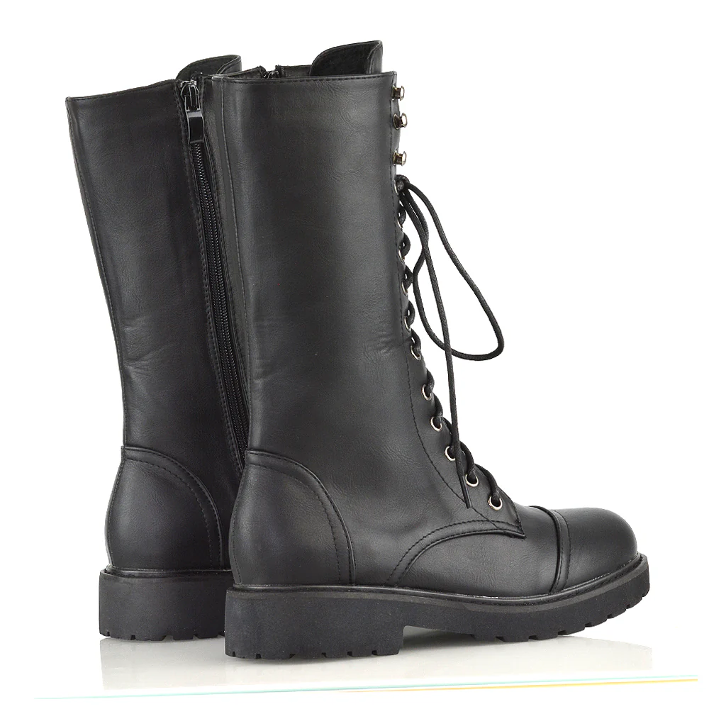 Mulan Knee High Chunky Mid-Calf Military Lace up Combat Boots in Black Synthetic Leather - Image 15
