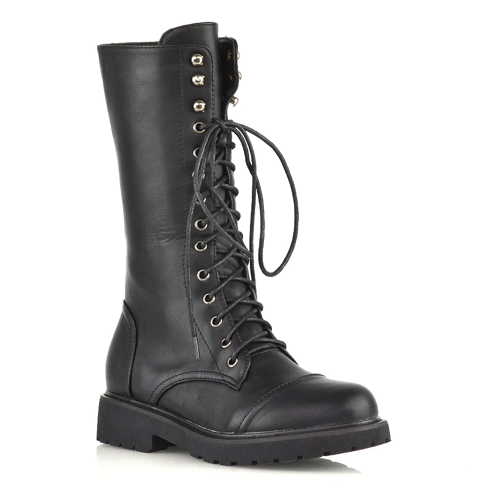 Mulan Knee High Chunky Mid-Calf Military Lace up Combat Boots in Black Synthetic Leather - Image 17