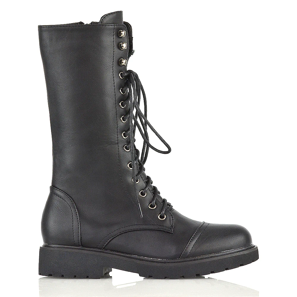 Mulan Knee High Chunky Mid-Calf Military Lace up Combat Boots in Black Synthetic Leather - Image 18