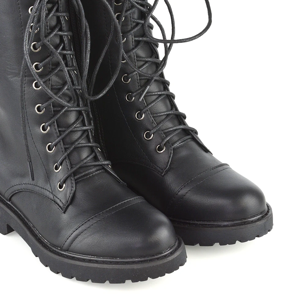 Mulan Knee High Chunky Mid-Calf Military Lace up Combat Boots in Black Synthetic Leather - Image 19