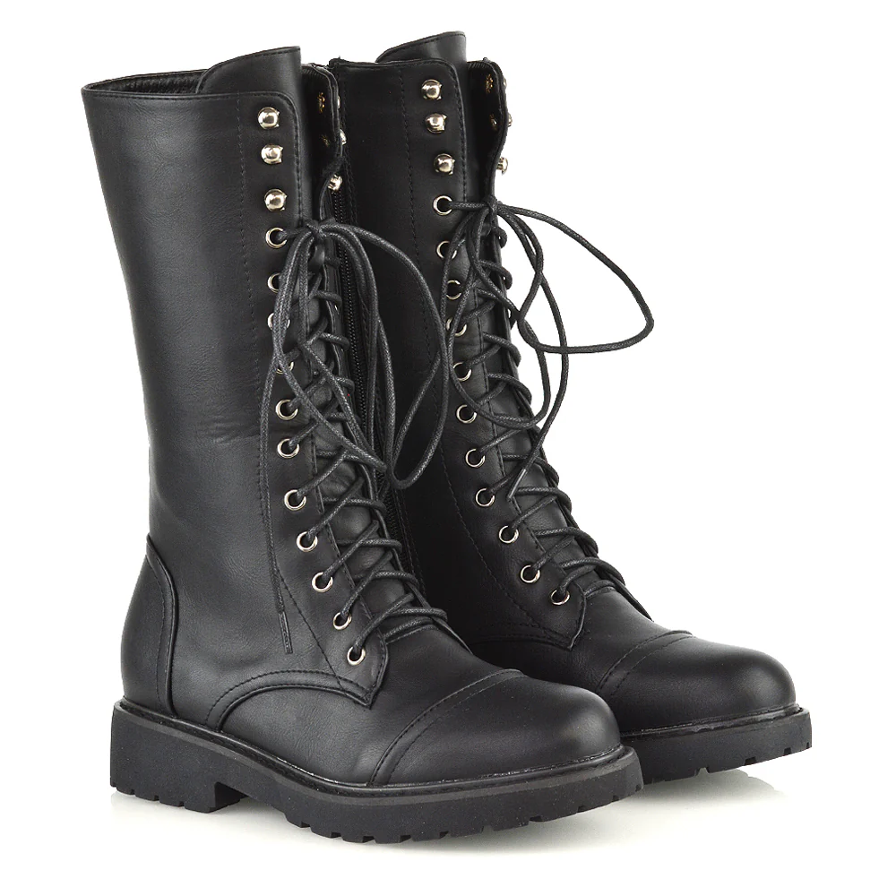 Mulan Knee High Chunky Mid-Calf Military Lace up Combat Boots in Black Synthetic Leather - Image 31