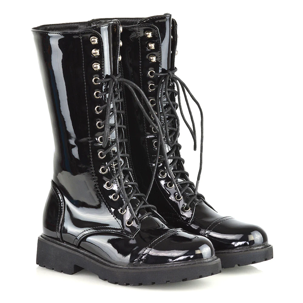 Mulan Knee High Chunky Mid-Calf Military Lace up Combat Boots in Black Synthetic Leather - Image 50