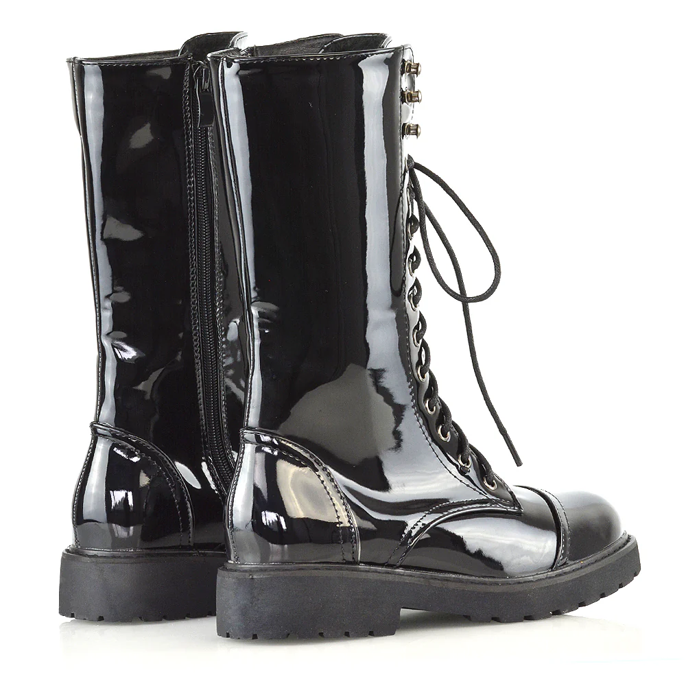 Mulan Knee High Chunky Mid-Calf Military Lace up Combat Boots in Black Synthetic Leather - Image 54
