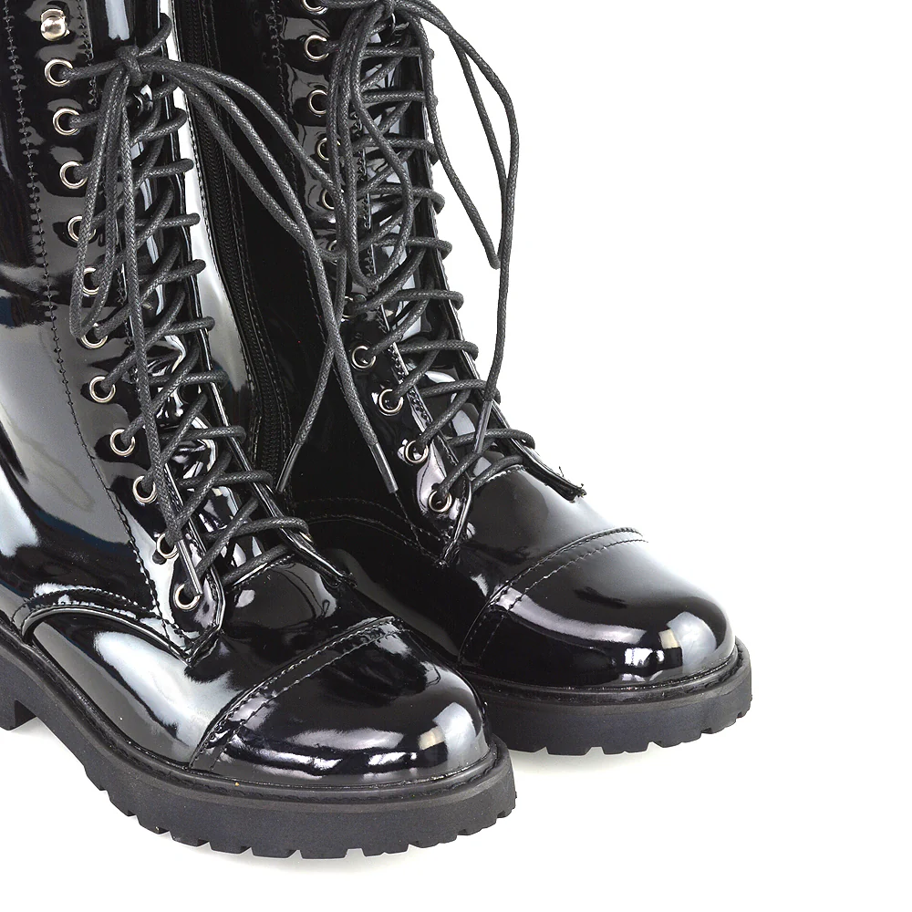 Mulan Knee High Chunky Mid-Calf Military Lace up Combat Boots in Black Synthetic Leather - Image 56