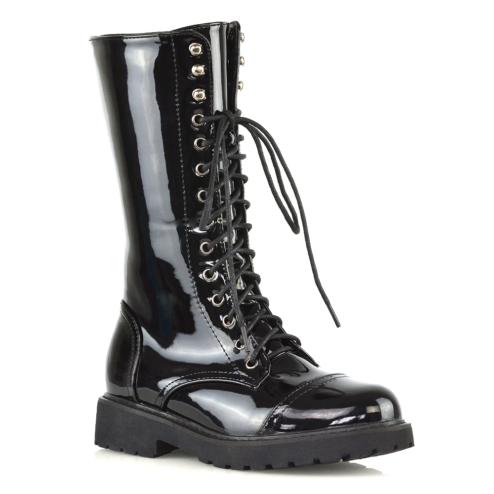 Mulan Knee High Chunky Mid-Calf Military Lace up Combat Boots in Black Synthetic Leather - Image 57