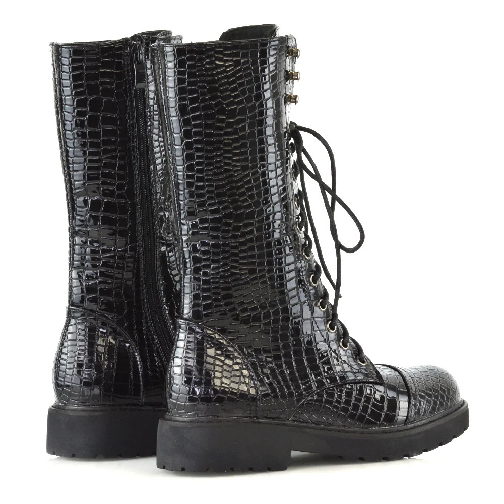 Mulan Knee High Chunky Mid-Calf Military Lace up Combat Boots in Black Synthetic Leather - Image 70