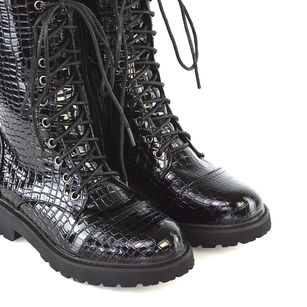 Mulan Knee High Chunky Mid-Calf Military Lace up Combat Boots in Black Synthetic Leather - Image 74