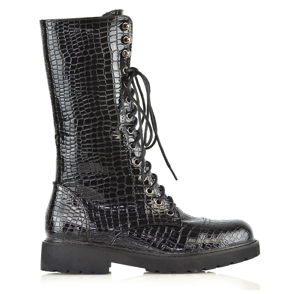 Mulan Knee High Chunky Mid-Calf Military Lace up Combat Boots in Black Synthetic Leather - Image 78