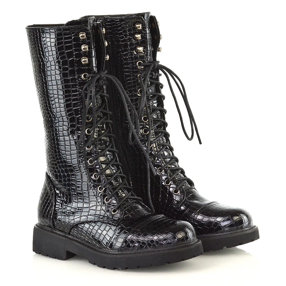 Mulan Knee High Chunky Mid-Calf Military Lace up Combat Boots in Black Synthetic Leather - Image 81