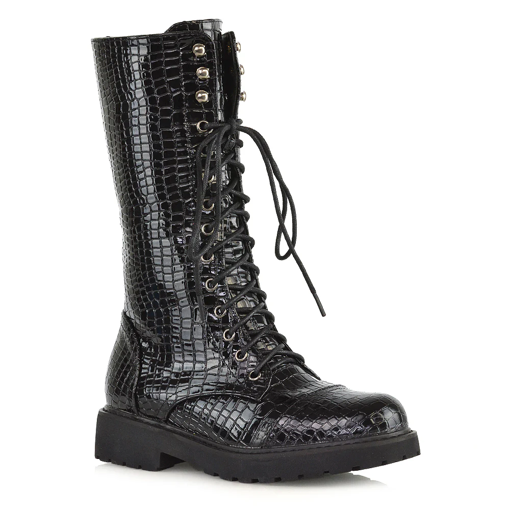 Mulan Knee High Chunky Mid-Calf Military Lace up Combat Boots in Black Synthetic Leather - Image 92