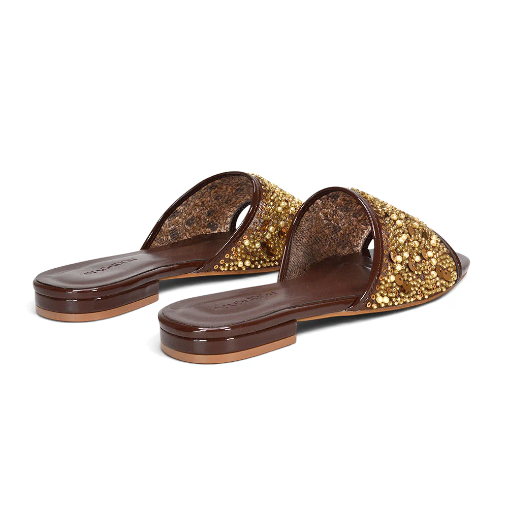 Myla Slip On Sequin Embroidered Strappy Diamante Holiday Sandals in Gold - Image 10