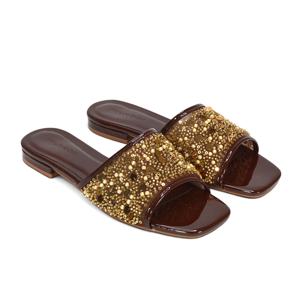 Myla Slip On Sequin Embroidered Strappy Diamante Holiday Sandals in Gold - Image 12
