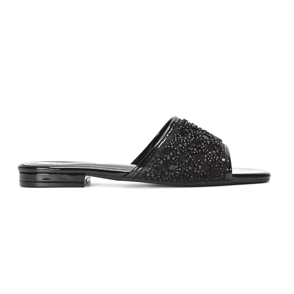 Myla Slip On Sequin Embroidered Strappy Diamante Holiday Sandals in Gold - Image 13