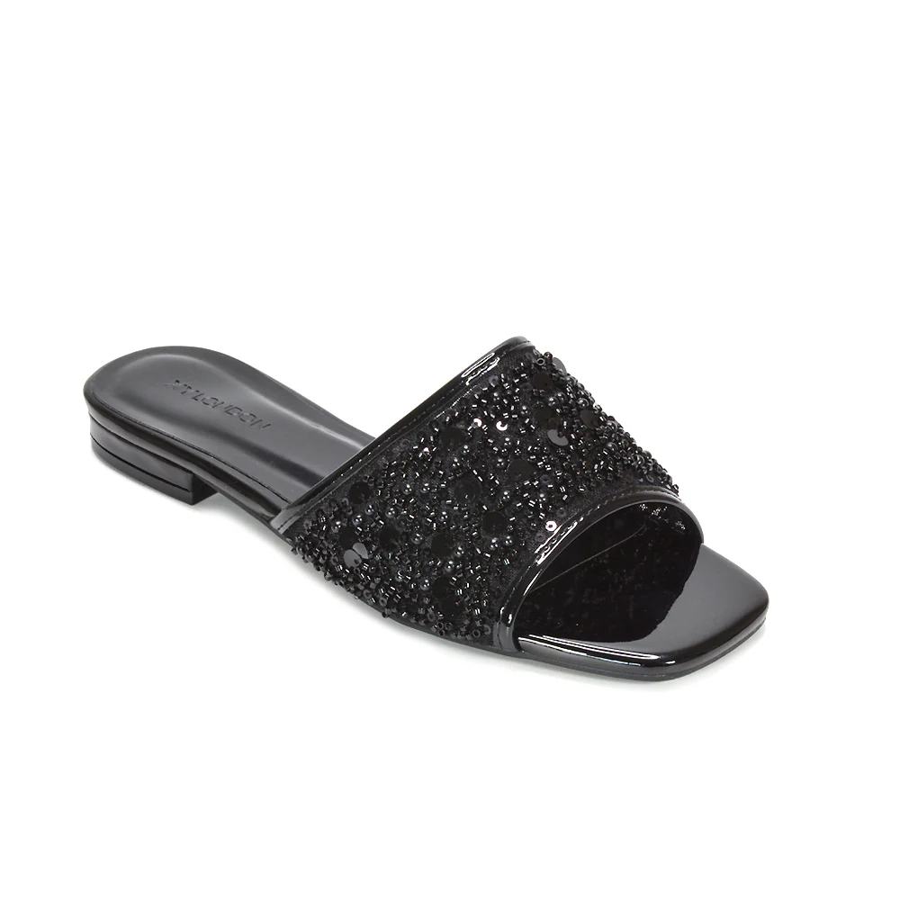 Myla Slip On Sequin Embroidered Strappy Diamante Holiday Sandals in Gold - Image 14