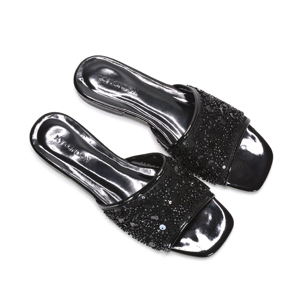 Myla Slip On Sequin Embroidered Strappy Diamante Holiday Sandals in Gold - Image 18