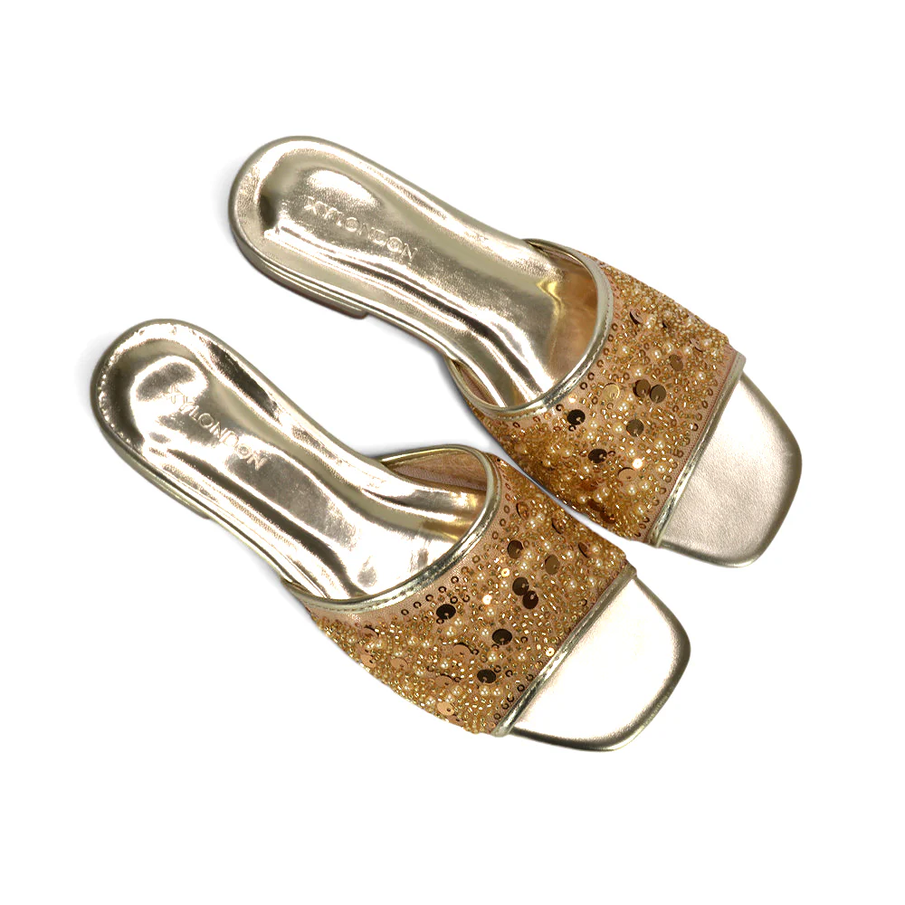 Myla Slip On Sequin Embroidered Strappy Diamante Holiday Sandals in Gold - Image 3