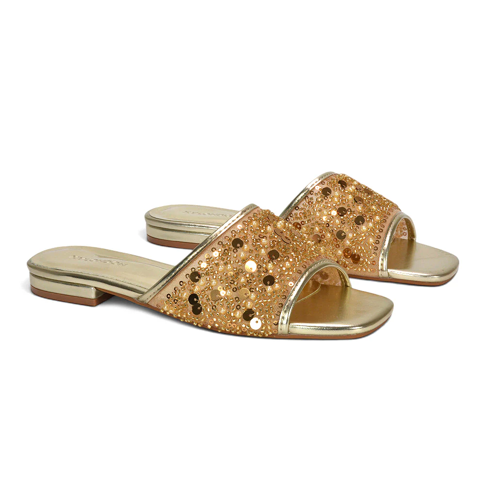Myla Slip On Sequin Embroidered Strappy Diamante Holiday Sandals in Gold - Image 5