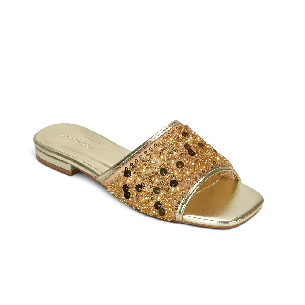 Myla Slip On Sequin Embroidered Strappy Diamante Holiday Sandals in Gold - Image 6