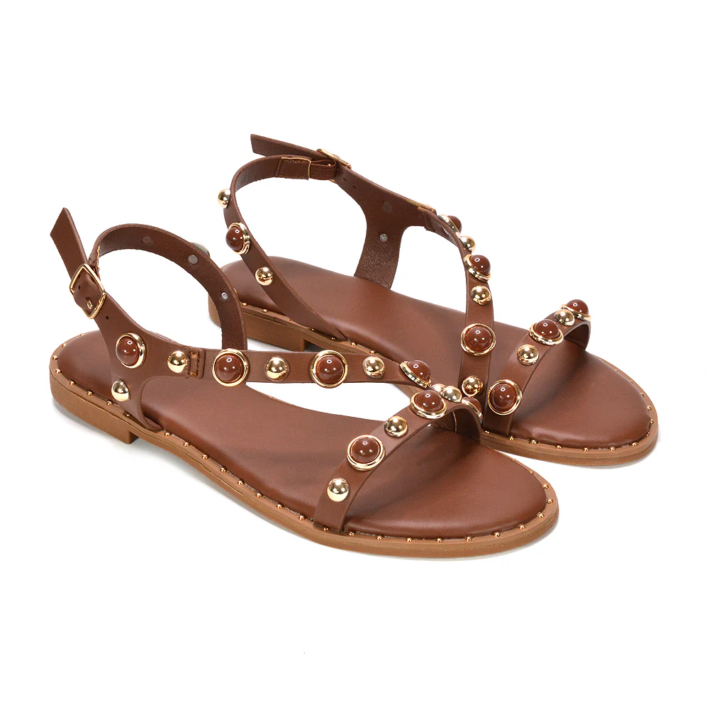 Myra Flat Sandals With Studded Pearl Straps Summer Shoes in Brown - Image 5